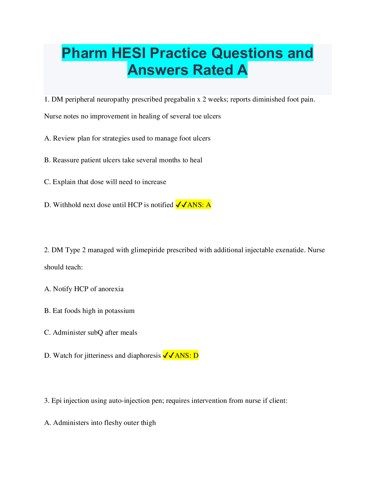 Preview of Pharm HESI Practice Questions and Answers Rated A